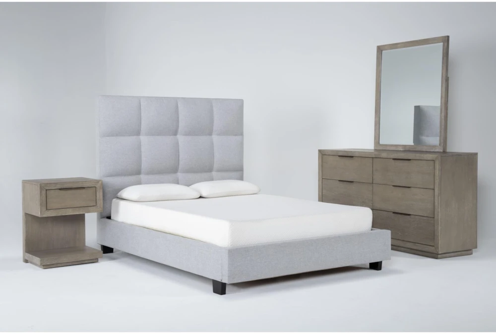 Boswell Grey King Upholstered 4 Piece Bedroom Set With Pierce Natural II Dresser, Mirror & 1-Drawer Nightstand