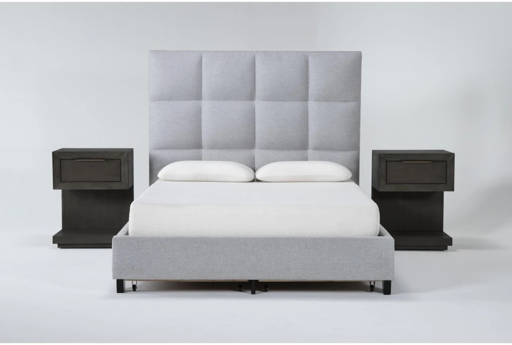 Boswell Grey Queen Upholstered Storage 3 Piece Bedroom Set With 2 Pierce Espresso II 1-Drawer Nightstands