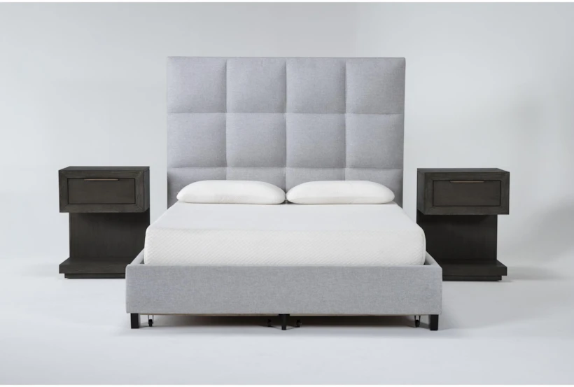 Boswell Grey Queen Upholstered Storage 3 Piece Bedroom Set With 2 Pierce Espresso II 1-Drawer Nightstands - 360