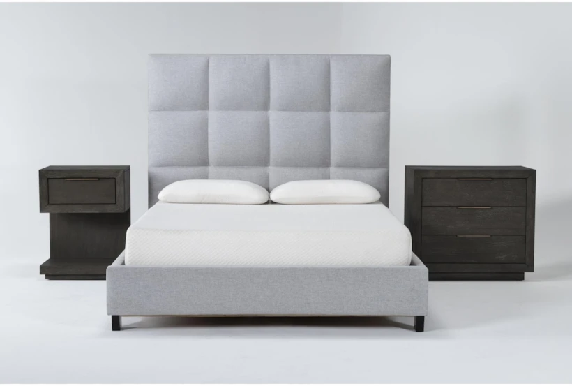 Boswell Grey Queen Upholstered 3 Piece Bedroom Set With Pierce Espresso II 3-Drawer Nightstand & 1-Drawer Nightstand - 360