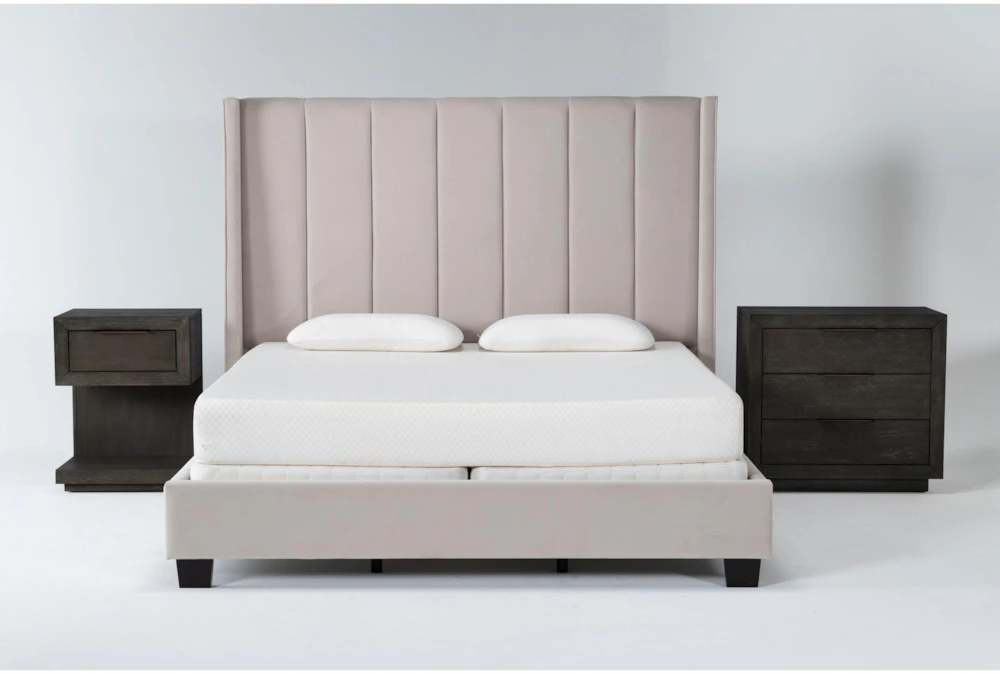 Topanga Grey California King Velvet Upholstered 3 Piece Bedroom Set With Pierce Espresso II 3-Drawer Nightstand & 1-Drawer Nightstand