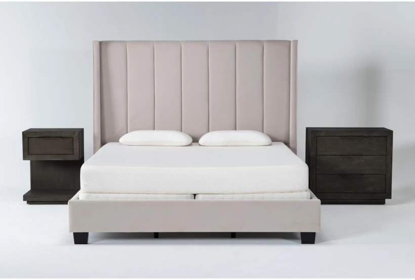Topanga Grey California King Velvet Upholstered 3 Piece Bedroom Set With Pierce Espresso II 3-Drawer Nightstand & 1-Drawer Nightstand - 360