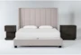 Topanga Grey California King Velvet Upholstered 3 Piece Bedroom Set With Pierce Espresso II 3-Drawer Nightstand & 1-Drawer Nightstand - Signature