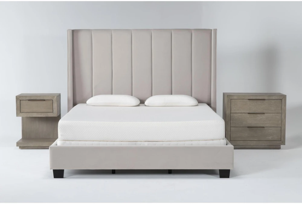 Topanga Grey Queen Velvet Upholstered 3 Piece Bedroom Set With Pierce Natural II 3-Drawer Nightstand & 1-Drawer Nightstand