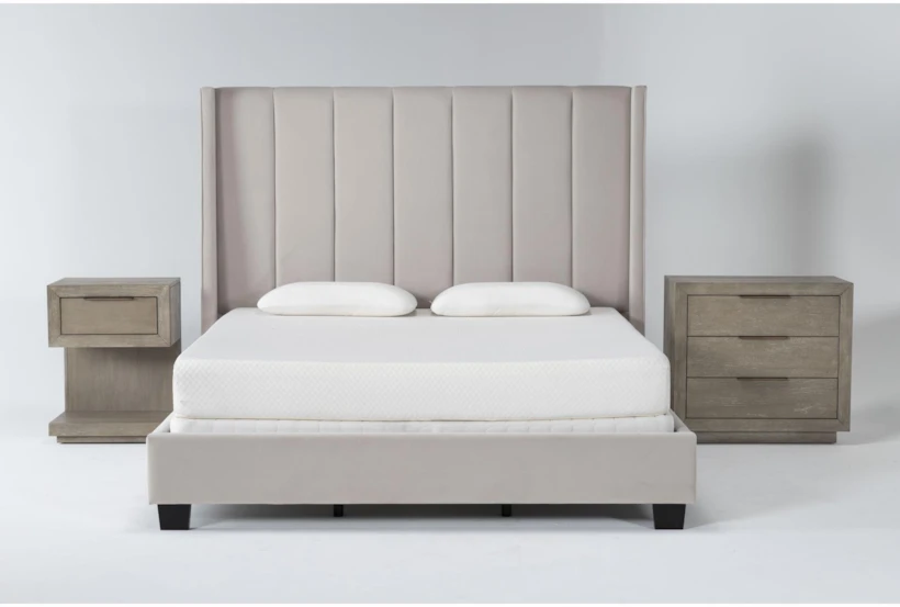 Topanga Grey Queen Velvet Upholstered 3 Piece Bedroom Set With Pierce Natural II 3-Drawer Nightstand & 1-Drawer Nightstand - 360
