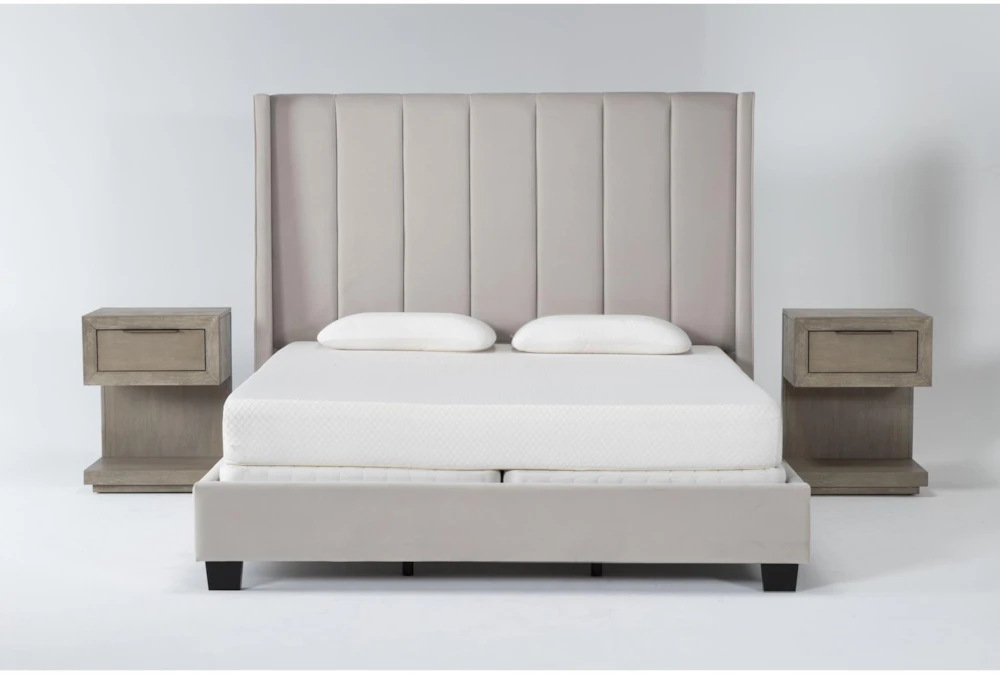 Topanga Grey California King Velvet Upholstered 3 Piece Bedroom Set With 2 Pierce Natural II 1-Drawer Nightstands