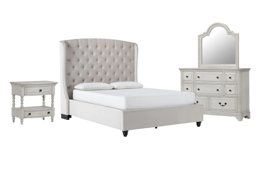 Mariah King Velvet Upholstered 4 Piece Bedroom Set With Kincaid II Dresser, Mirror & Open Nightstand