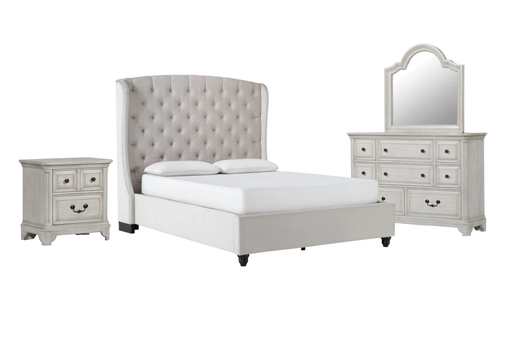 Mariah Queen Velvet Upholstered 4 Piece Bedroom Set With Kincaid II Dresser, Mirror & 2 Drawer Nightstand