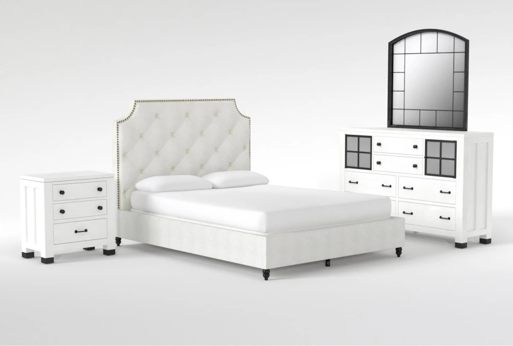 Sophia White II Queen Upholstered Panel 4 Piece Bedroom Set With Wade White II Dresser, Mirror & Nightstand