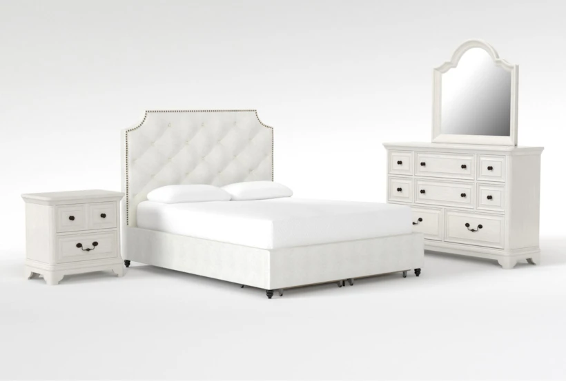 Sophia White II California King Upholstered Storage 4 Piece Bedroom Set With Kincaid White II Dresser, Mirror & 2-Drawer Nightstand - 360