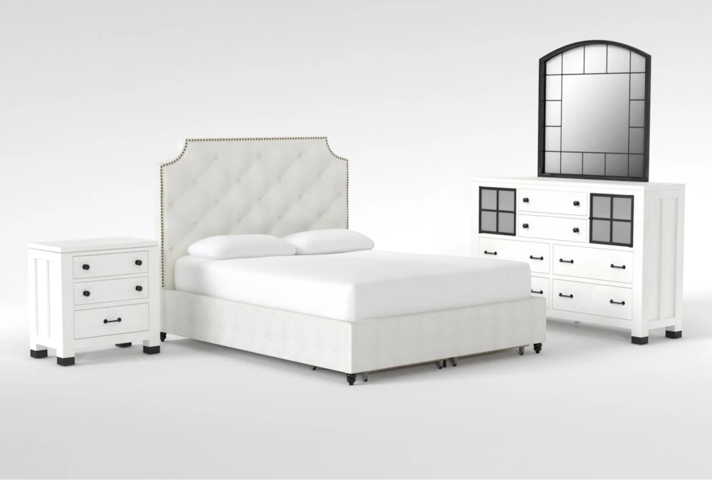Sophia White II King Upholstered Storage 4 Piece Bedroom Set With Wade White II Dresser, Mirror & Nightstand