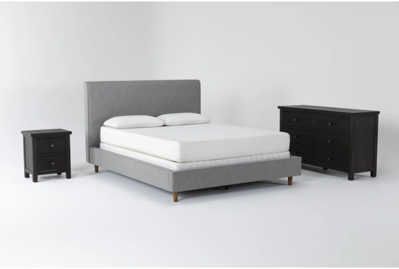 Dean Charcoal King Upholstered 3 Piece Bedroom Set With Larkin Espresso II Dresser & Nightstand - 360