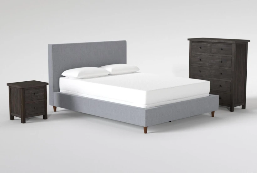 Dean Charcoal Queen Upholstered 3 Piece Bedroom Set With Larkin Espresso II Chest & Nightstand - 360