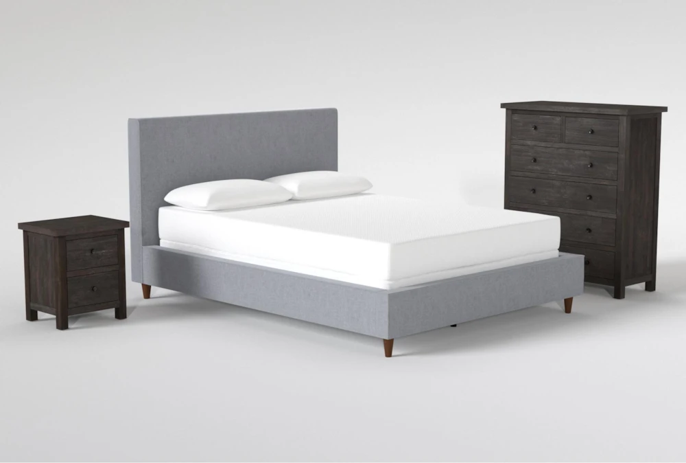 Dean Charcoal Queen Upholstered 3 Piece Bedroom Set With Larkin Espresso II Chest & Nightstand