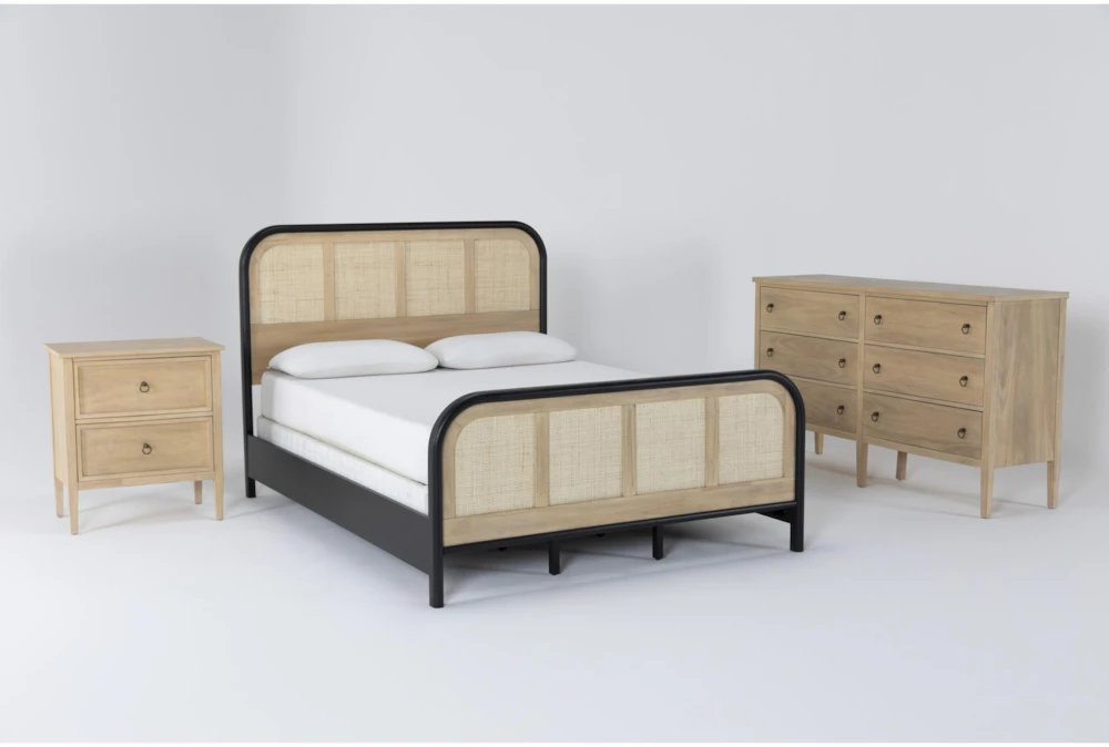 Magnolia Home Monte Wood & Cane Queen 3 Piece Bedroom Set With Wells II Dresser & 2-Drawer Nightstand By Joanna Gaines
