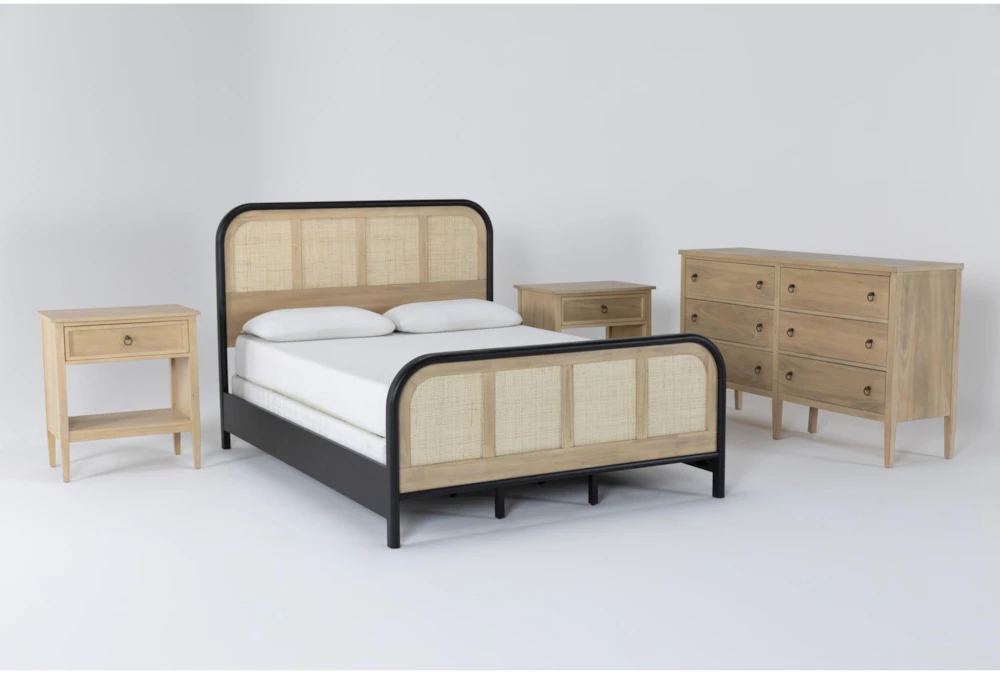 Magnolia Home Monte Wood & Cane Queen 4 Piece Bedroom Set With Wells II Dresser & 2 1-Drawer Nightstands By Joanna Gaines