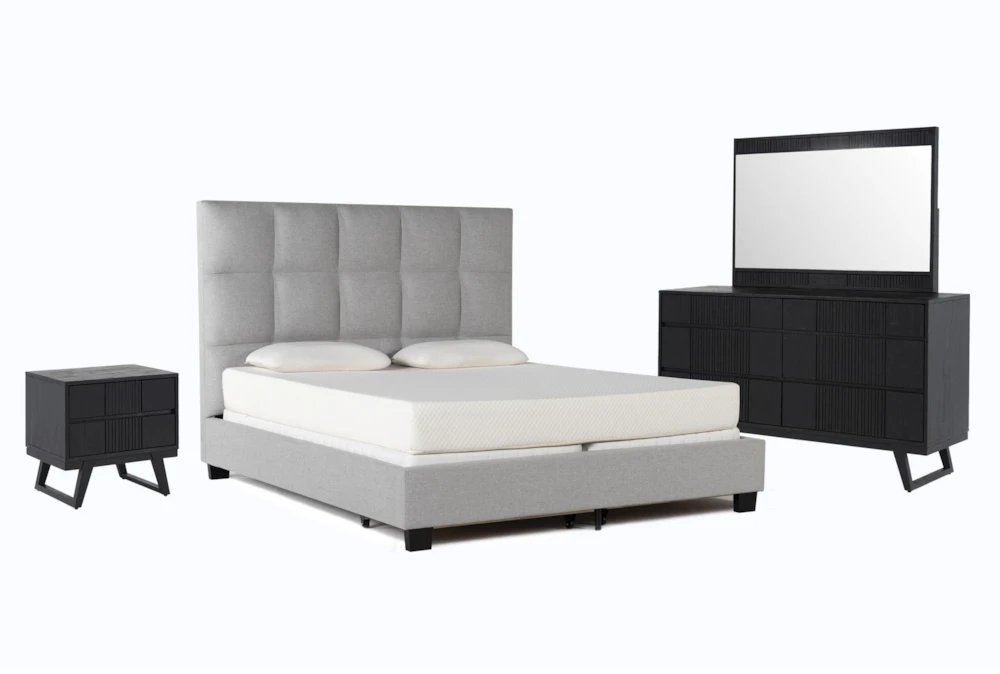 Boswell Grey California King Upholstered Storage 4 Piece Bedroom Set With Joren II Dresser, Mirror & Nightstand