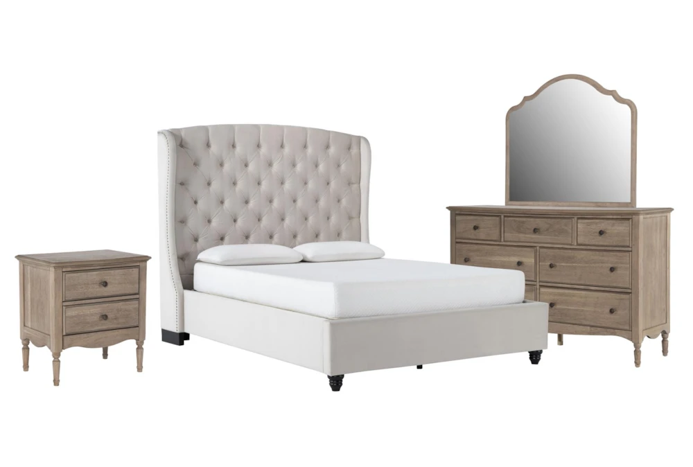 Mariah Queen Velvet Upholstered 4 Piece Bedroom Set With Deliah II Dresser, Mirror & 3 Drawer Nightstand