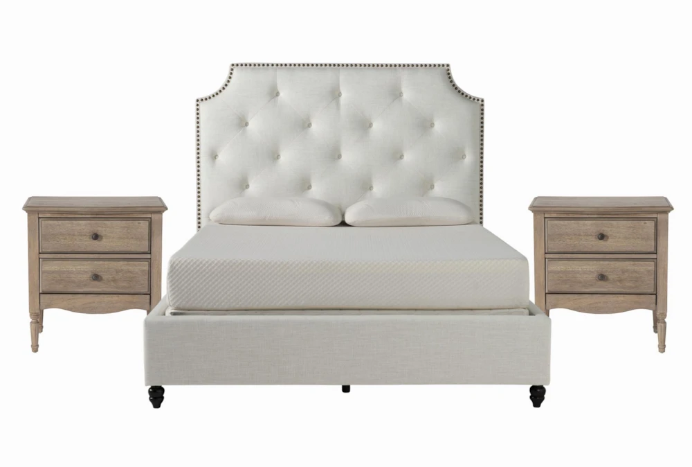 Sophia White II California King Upholstered 3 Piece Bedroom Set With 2 Deliah II 3-Drawer Nightstands