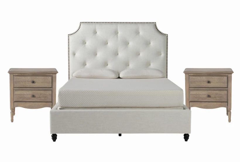 Sophia White II California King Upholstered 3 Piece Bedroom Set With 2 Deliah II 3-Drawer Nightstands - 360