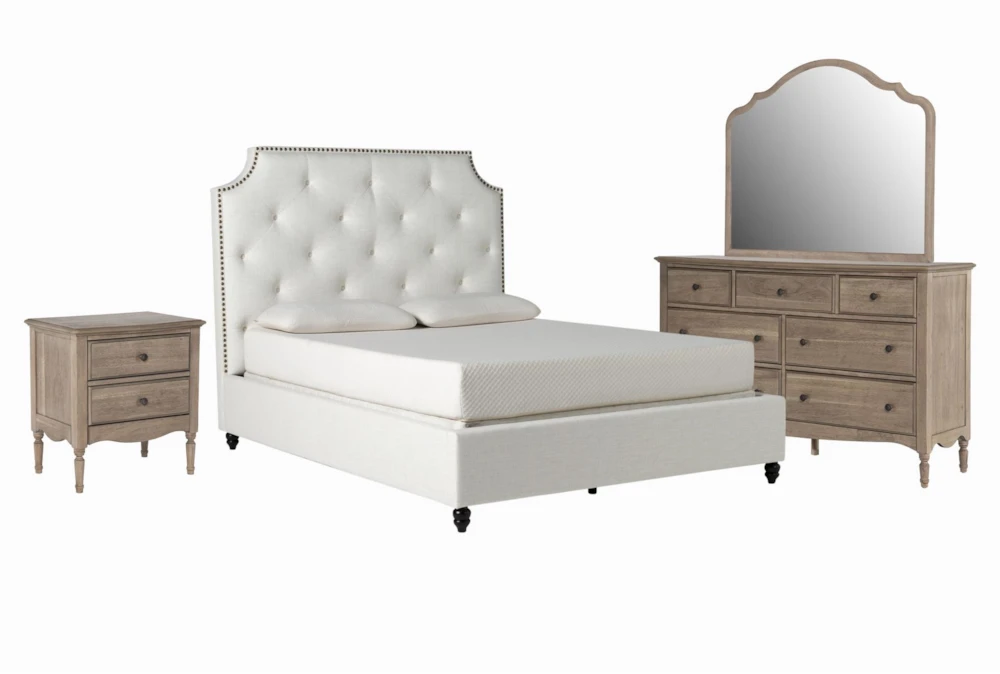 Sophia White II California King Upholstered 4 Piece Bedroom Set With Deliah II Dresser, Mirror & 3-Drawer Nightstand