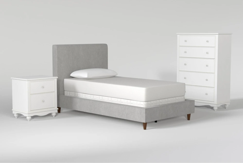 Dean Charcoal Twin Upholstered 3 Piece Bedroom Set With Madison White II Chest & 2 Drawer Nightstand