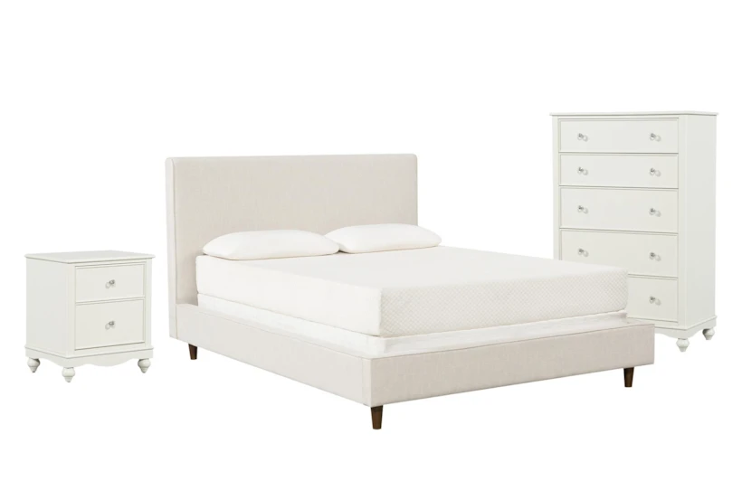 Dean Sand Full Upholstered 3 Piece Bedroom Set With Madison White II Chest & 2 Drawer Nightstand - 360