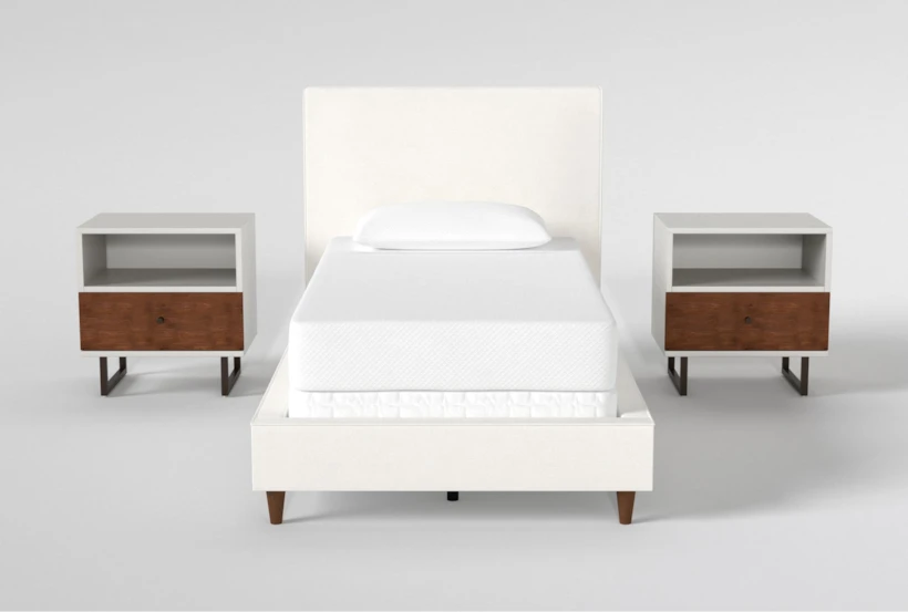 Dean Sand Twin Upholstered 3 Piece Bedroom Set With 2 Clark II 1 Drawer Nightstands - 360