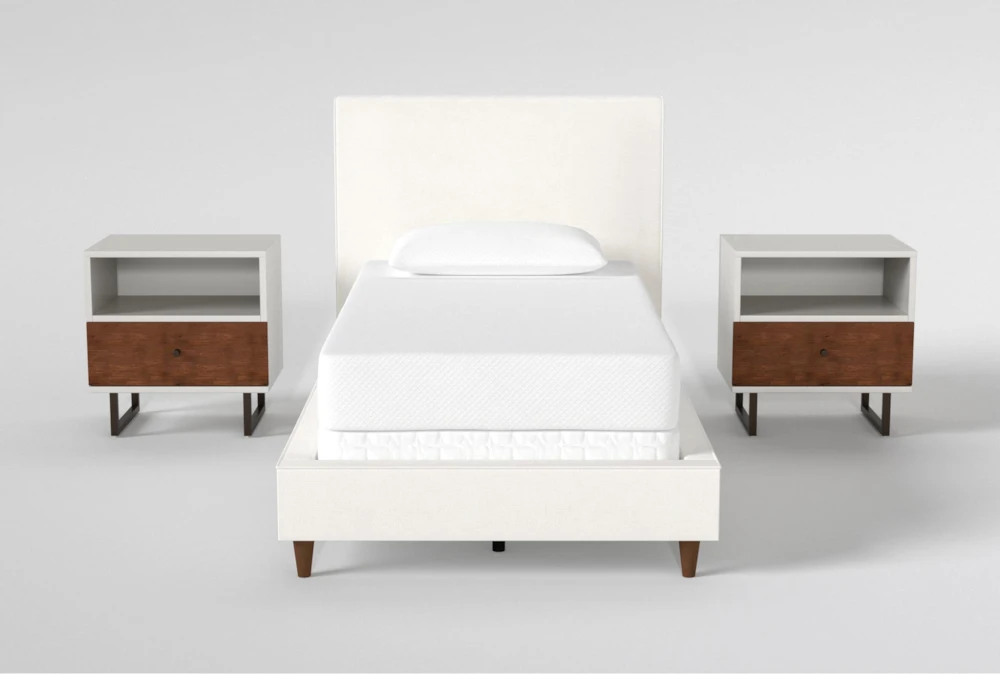 Dean Sand Twin Upholstered 3 Piece Bedroom Set With 2 Clark II 1 Drawer Nightstands