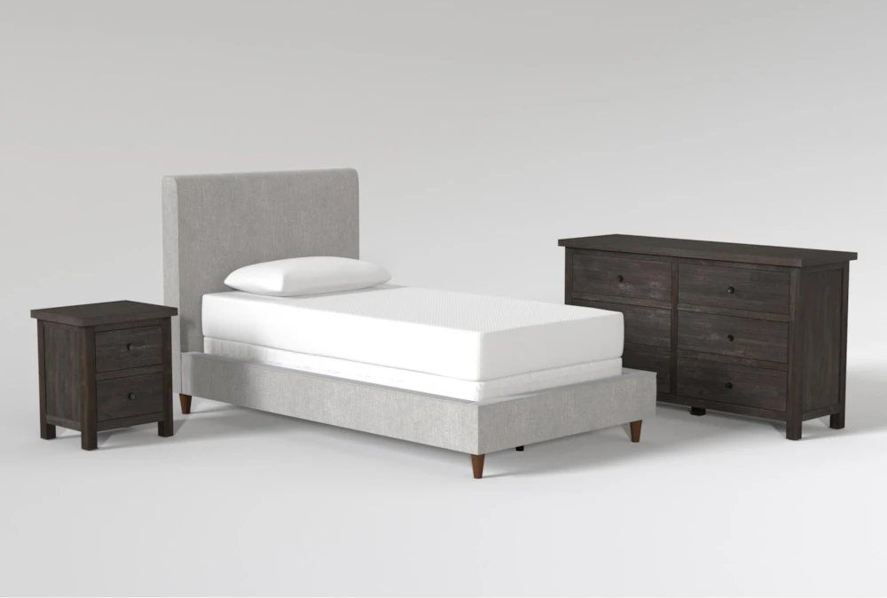 Dean Charcoal Twin Upholstered 3 Piece Bedroom Set With Larkin Espresso II Dresser & Nightstand