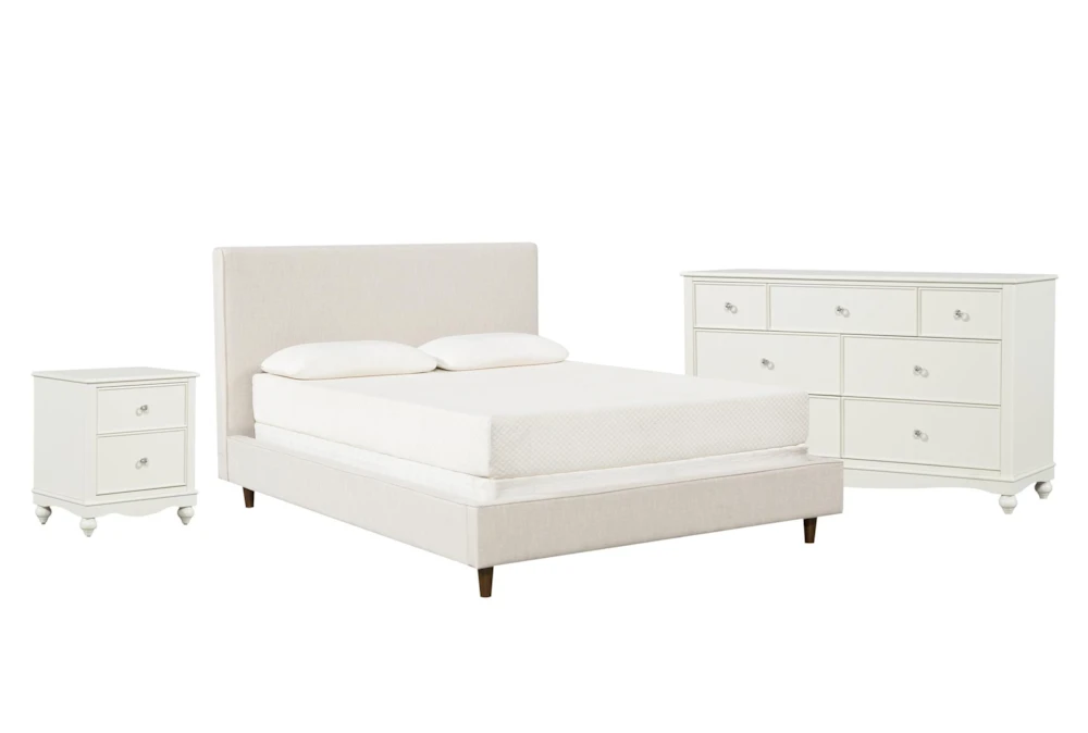 Dean Sand Full Upholstered 3 Piece Bedroom Set With Madison White II Dresser & 2 Drawer Nightstand