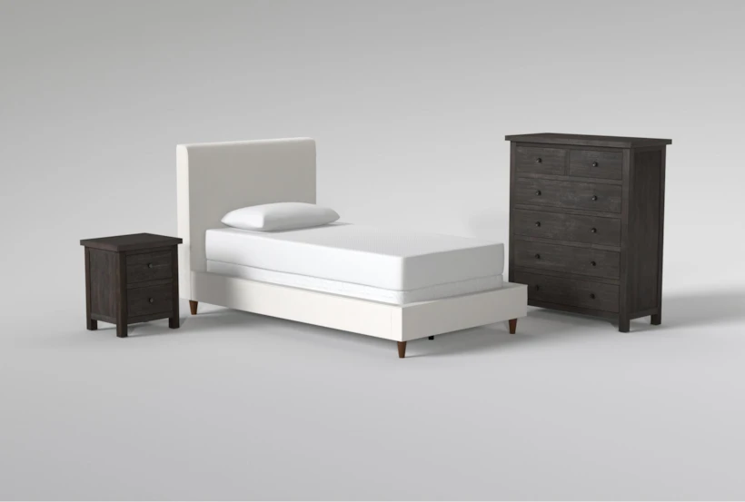 Dean Sand Twin Upholstered 3 Piece Bedroom Set With Larkin Espresso II Chest & Nightstand - 360