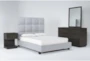 Boswell Grey Queen Upholstered 4 Piece Bedroom Set With Pierce Espresso II Dresser, Mirror & 1-Drawer Nightstand - Signature
