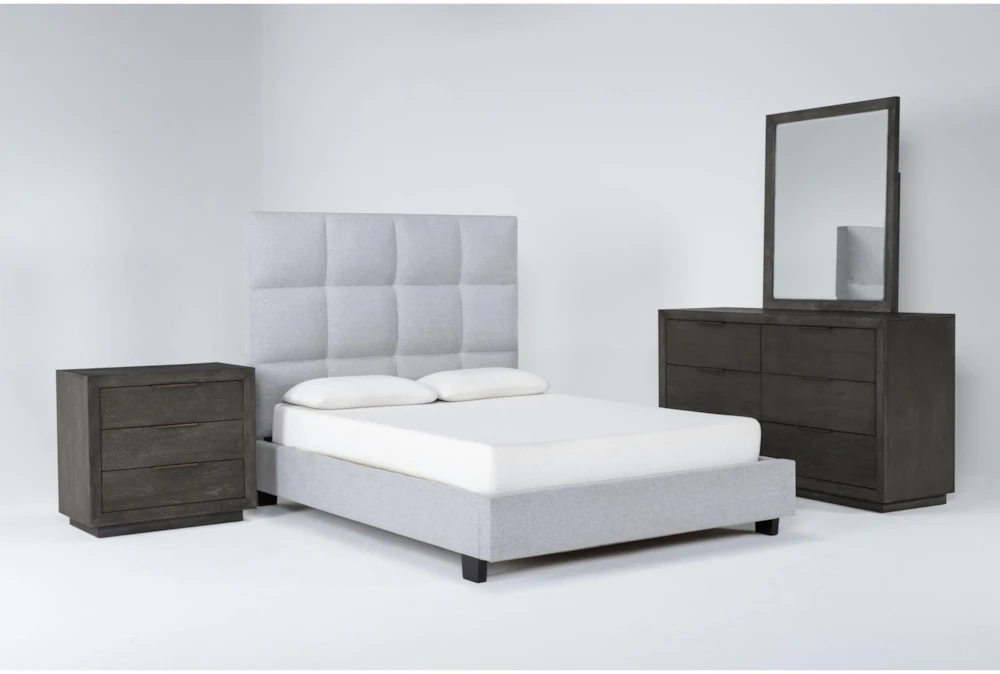 Boswell Grey Queen Upholstered 4 Piece Bedroom Set With Pierce Espresso II Dresser, Mirror & 3-Drawer Nightstand