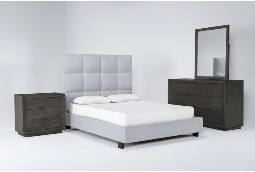 Boswell Grey Queen Upholstered 4 Piece Bedroom Set With Pierce Espresso II Dresser, Mirror & 3-Drawer Nightstand - 360