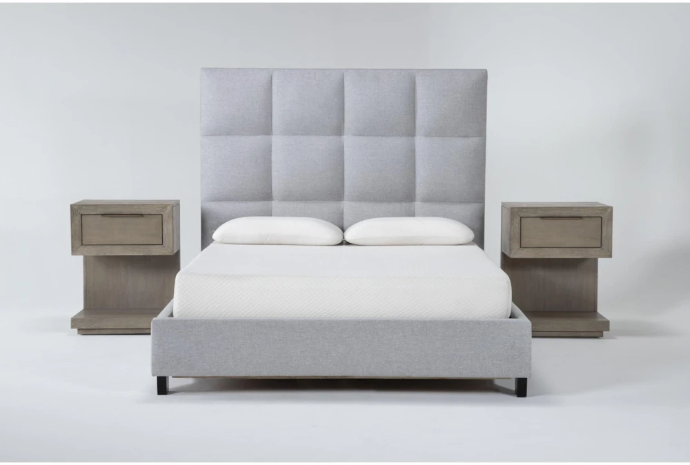 Boswell Grey Queen Upholstered 3 Piece Bedroom Set With 2 Pierce Natural II 1-Drawer Nightstands