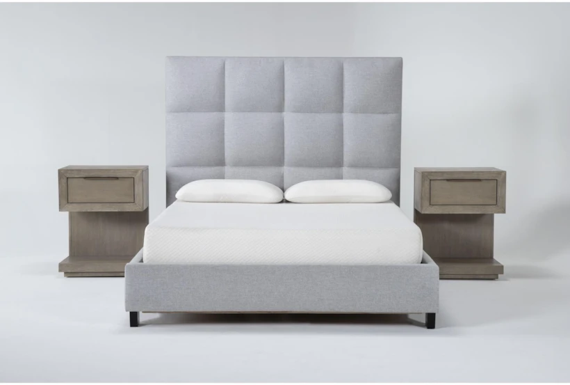 Boswell Grey Queen Upholstered 3 Piece Bedroom Set With 2 Pierce Natural II 1-Drawer Nightstands - 360