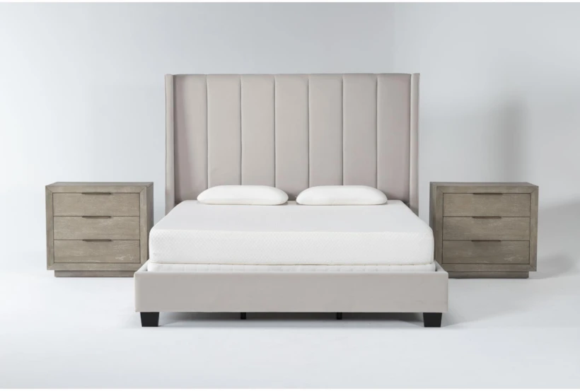 Topanga Grey Queen Velvet Upholstered 3 Piece Bedroom Set With 2 Pierce ...