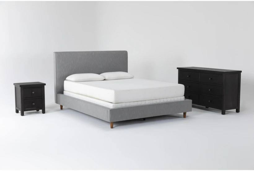 Dean Charcoal California King Upholstered 3 Piece Bedroom Set With Larkin Espresso II Dresser & Nightstand - 360