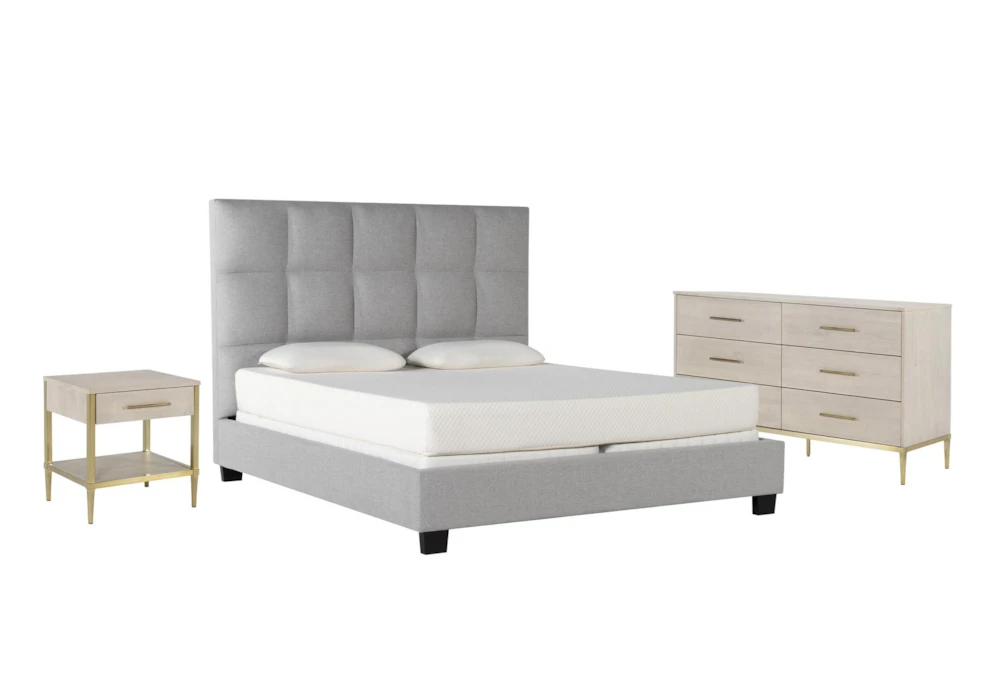 Boswell Grey California King Upholstered 3 Piece Bedroom Set With Camila II Dresser & Nightstand