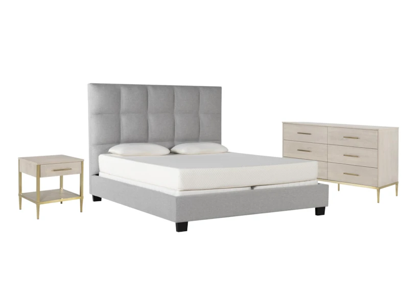 Boswell Grey California King Upholstered 3 Piece Bedroom Set With Camila II Dresser & Nightstand - 360