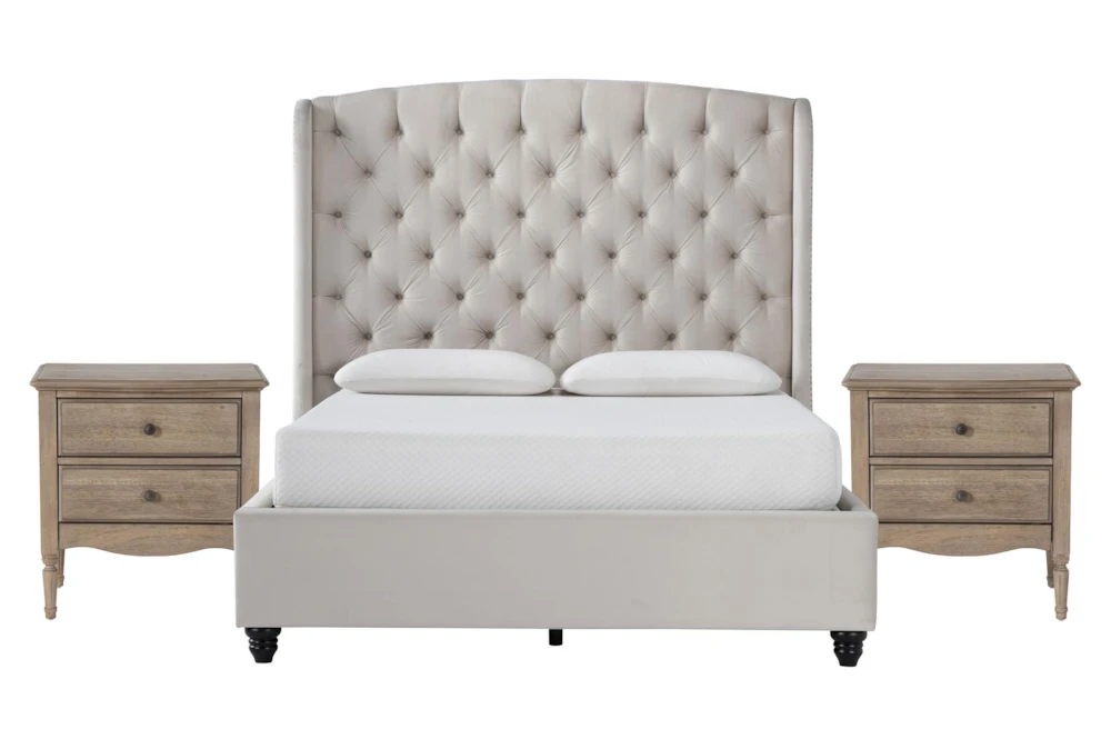 Mariah California King Velvet Upholstered 3 Piece Bedroom Set With 2 Deliah II 3 Drawer Nightstands