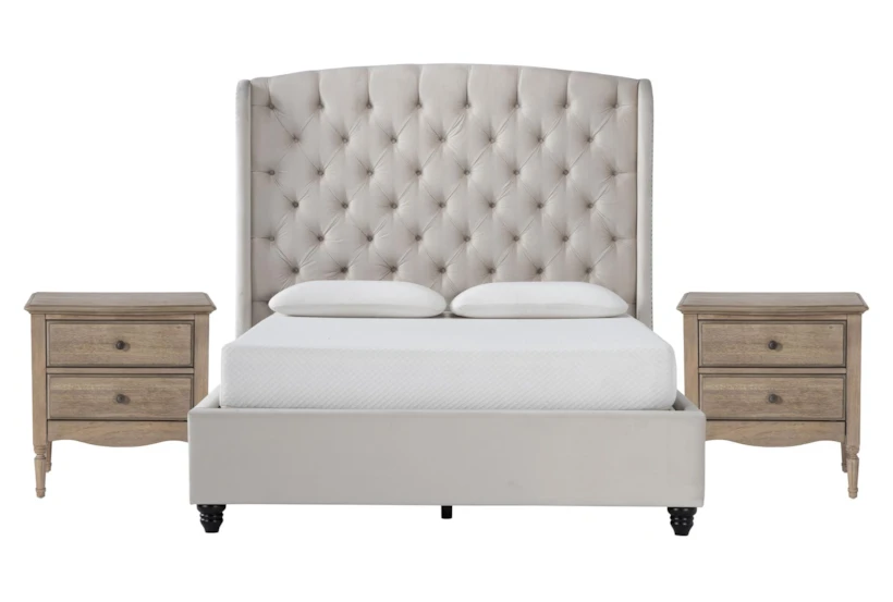Mariah California King Velvet Upholstered 3 Piece Bedroom Set With 2 Deliah II 3 Drawer Nightstands - 360