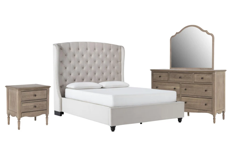 Mariah California King Velvet Upholstered 4 Piece Bedroom Set With Deliah II Dresser, Mirror & 3 Drawer Nightstand - 360