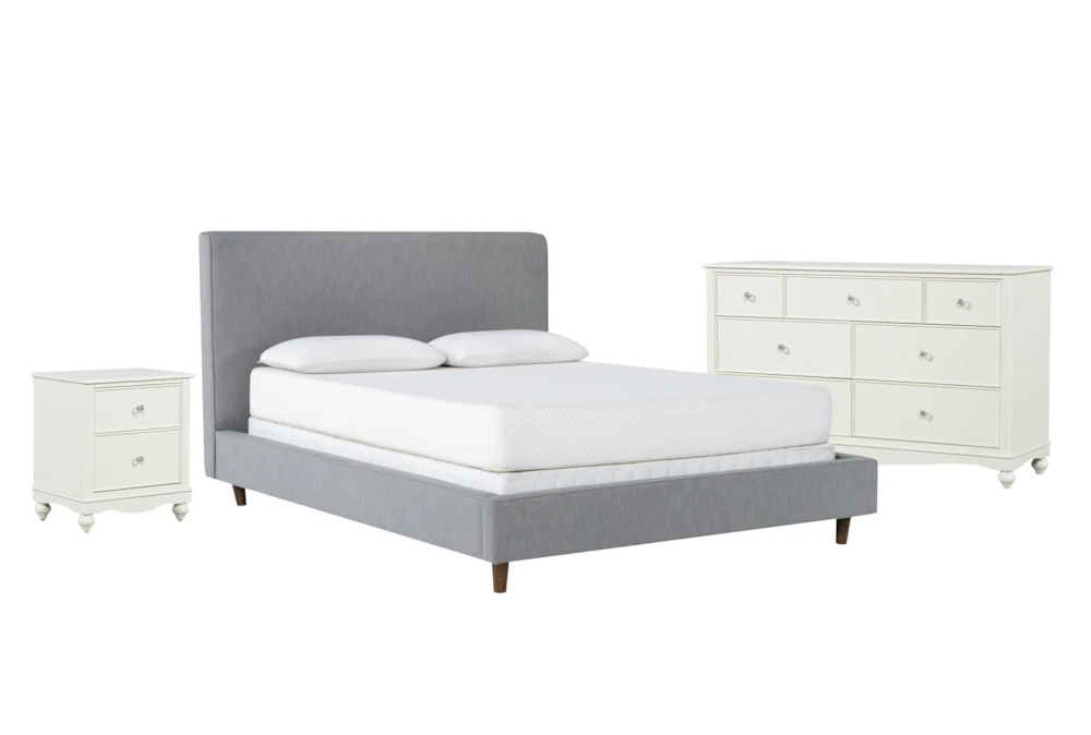 Dean Charcoal Full Upholstered 3 Piece Bedroom Set With Madison White II Dresser & 2 Drawer Nightstand