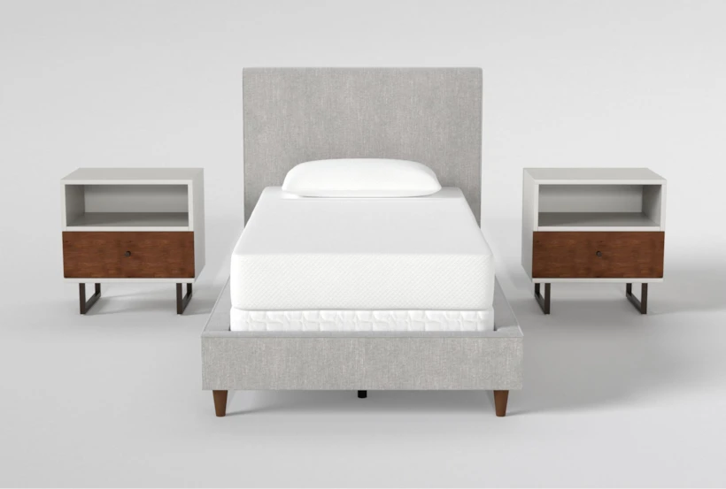 Dean Charcoal Twin Upholstered 3 Piece Bedroom Set With 2 Clark II 1 Drawer Nightstands - 360