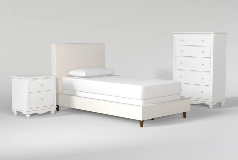 Dean Sand Twin Upholstered 3 Piece Bedroom Set With Madison White II Chest & 2 Drawer Nightstand - 360
