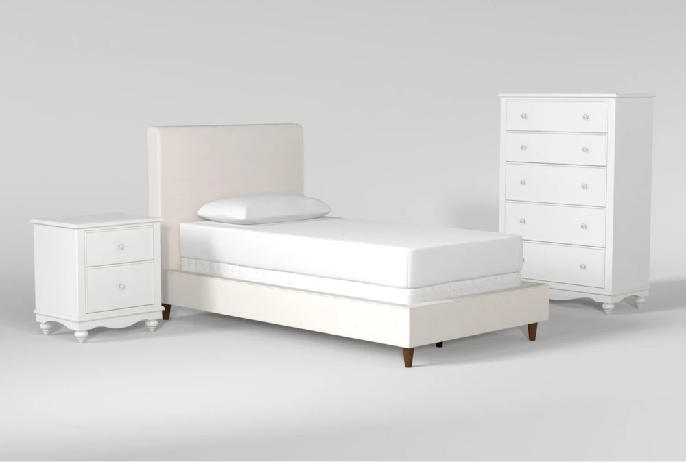 Dean Sand Twin Upholstered 3 Piece Bedroom Set With Madison White II Chest & 2 Drawer Nightstand