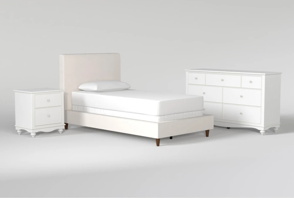 Dean Sand Twin Upholstered 3 Piece Bedroom Set With Madison White II Dresser & 2 Drawer Nightstand