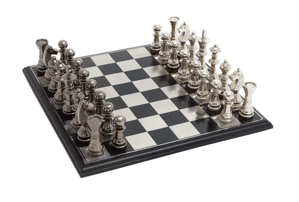 17X17 Silver + Black Metal Chess Game Set